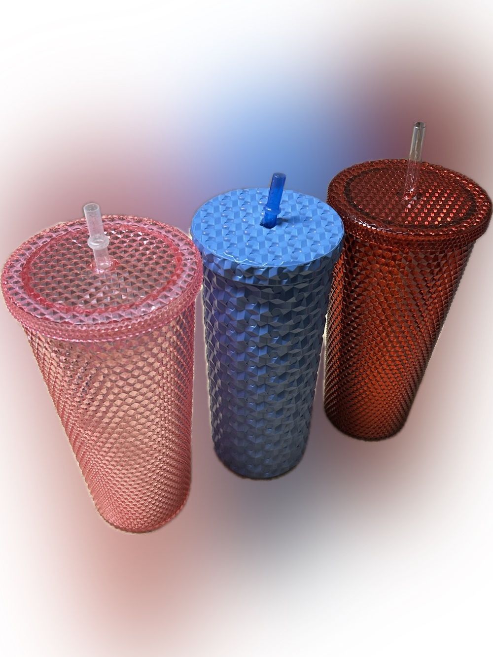 3 Diamond Studded Tumblers with Straws - Pink, Blue, Red 26 oz & 24 oz